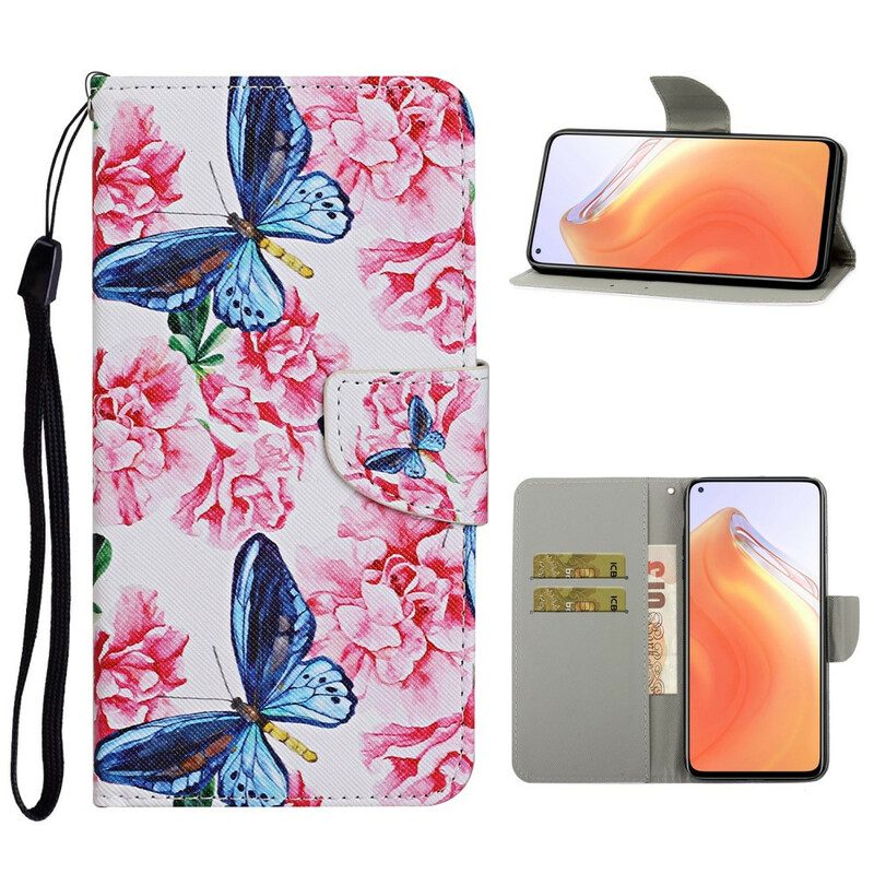 Lederhüllen Für Xiaomi Mi 10T / 10T Pro Schmetterlinge Blumen-lanyard