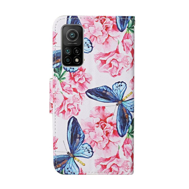 Lederhüllen Für Xiaomi Mi 10T / 10T Pro Schmetterlinge Blumen-lanyard