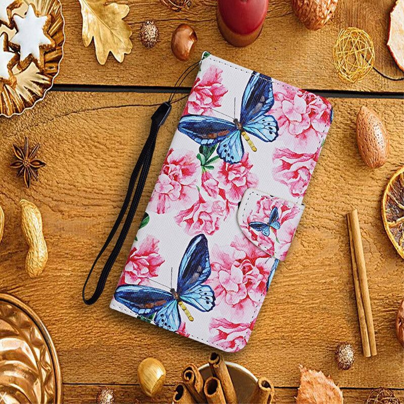 Lederhüllen Für Xiaomi Mi 10T / 10T Pro Schmetterlinge Blumen-lanyard