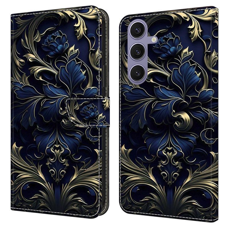 Lederhüllen Samsung Galaxy S25 Plus 5g Handyhülle Metallisch Blaue Blume