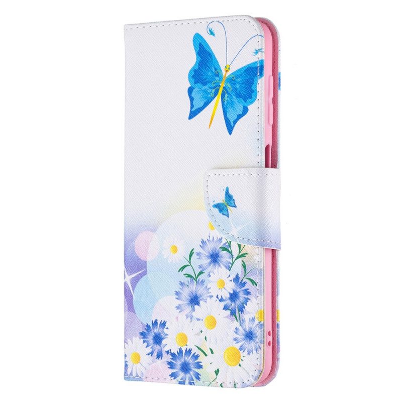 Lederhüllen Für Samsung Galaxy M32 Bemalte Schmetterlinge Und Blumen