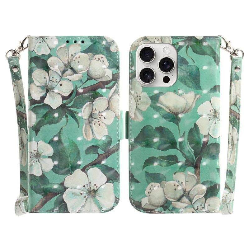 Lederhüllen iPhone 16 Pro Handyhülle Aquarellblumen Mit Riemen