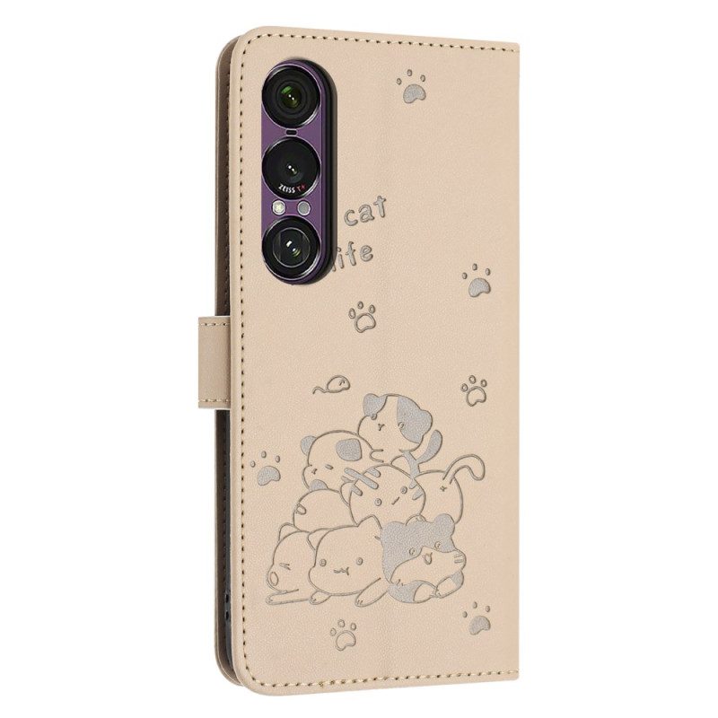 Lederhüllen Für Sony Xperia 1 Vii Cartoon-katzen Mit Riemen