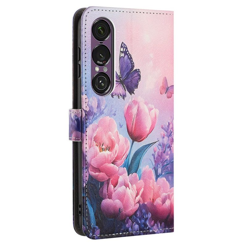 Lederhüllen Sony Xperia 1 Vii Blumen- Und Schmetterlingsmuster