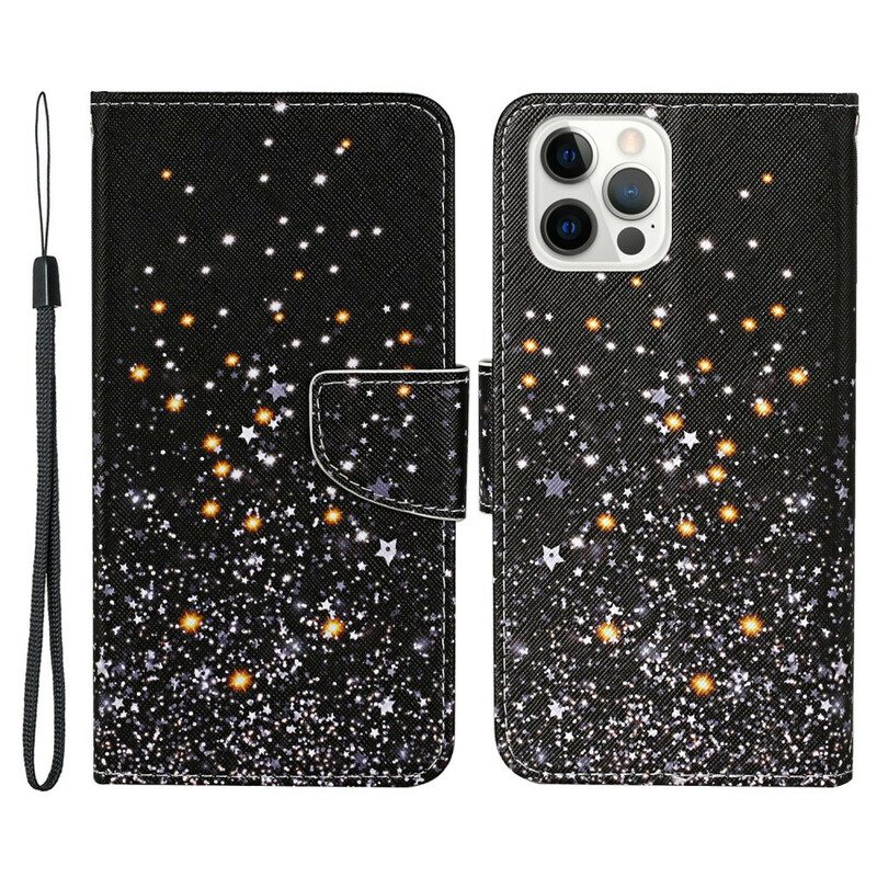 Flip Case Für iPhone 13 Pro Sterne Und Pailletten Mit Schlüsselband