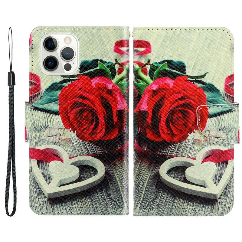 Lederhüllen Für iPhone 13 Pro Mit Kordel Romantische Rose Mit Riemen