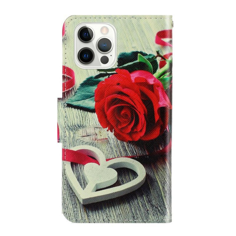 Lederhüllen Für iPhone 13 Pro Mit Kordel Romantische Rose Mit Riemen