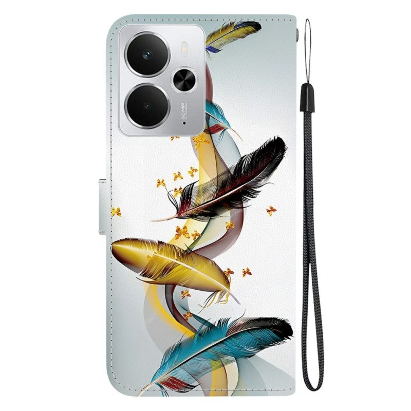 Lederhüllen Für Realme 14 5g Federn Und Schmetterlinge