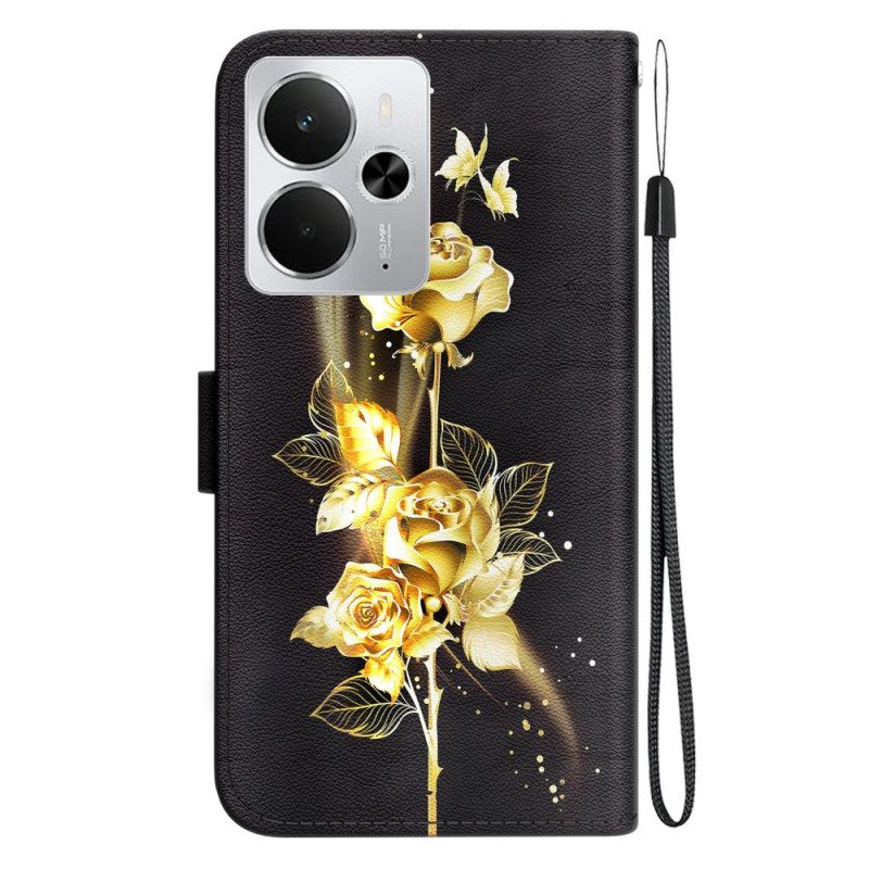 Lederhüllen Realme 14 5g Handyhülle Goldene Und Rosa Schmetterlinge