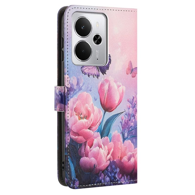 Lederhüllen Realme 14 5g Handyhülle Rosa Blumen Und Schmetterlinge