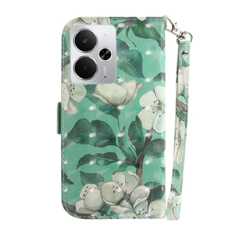 Lederhüllen Realme 14 5g Weiße Blumen Mit Lanyard