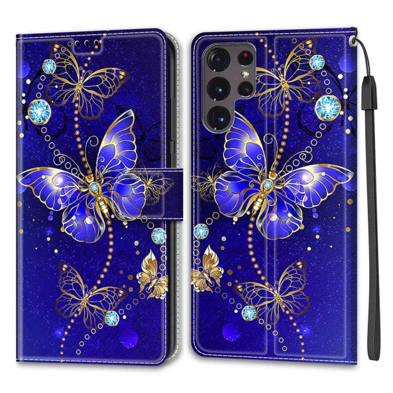 Flip Case Für Samsung Galaxy S22 Ultra 5G Mit Kordel Riemen-schmetterlingsfächer