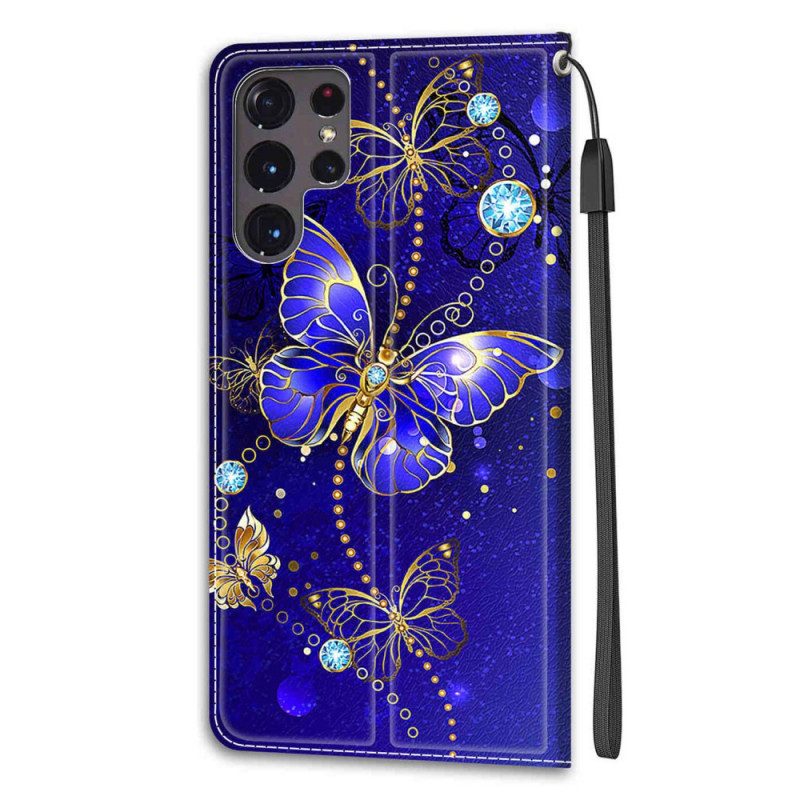 Flip Case Für Samsung Galaxy S22 Ultra 5G Mit Kordel Riemen-schmetterlingsfächer