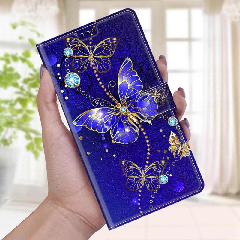 Flip Case Für Samsung Galaxy S22 Ultra 5G Mit Kordel Riemen-schmetterlingsfächer