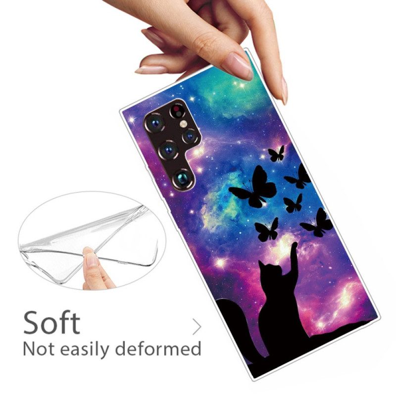 Hülle Für Samsung Galaxy S22 Ultra 5G Katze Und Schmetterlinge Im Weltraum