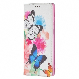 Lederhüllen Für Samsung Galaxy S22 Ultra 5G Bemalte Schmetterlinge Und Blumen