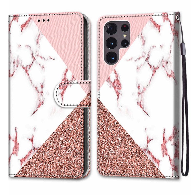 Lederhüllen Für Samsung Galaxy S22 Ultra 5G Dreieck Aus Marmor Und Glitzer