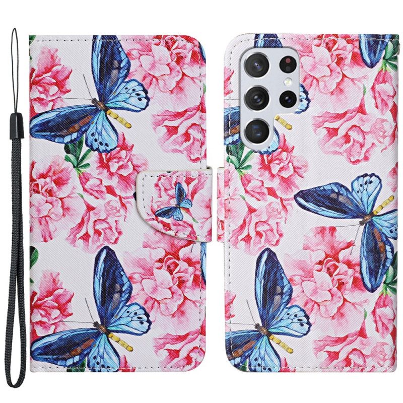 Lederhüllen Für Samsung Galaxy S22 Ultra 5G Schmetterlinge Blumen-lanyard