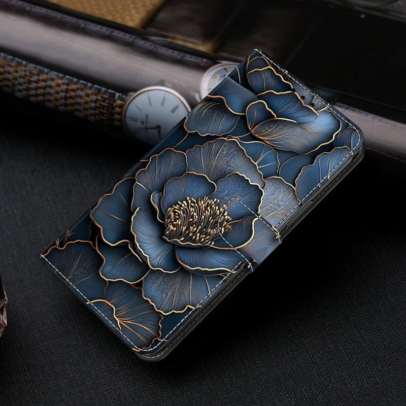 Lederhüllen Xiaomi Redmi Note 15 5g Blau-goldene Pfingstrose