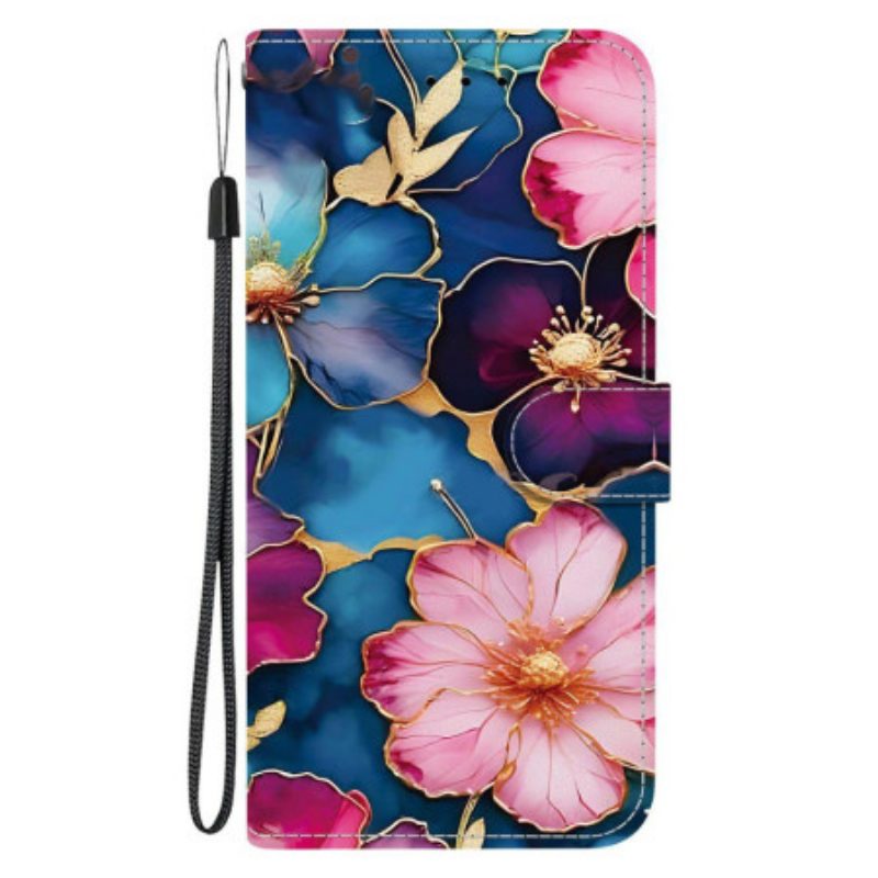 Lederhüllen Xiaomi Redmi Note 15 5g Handyhülle Blaue Und Goldene Blumen