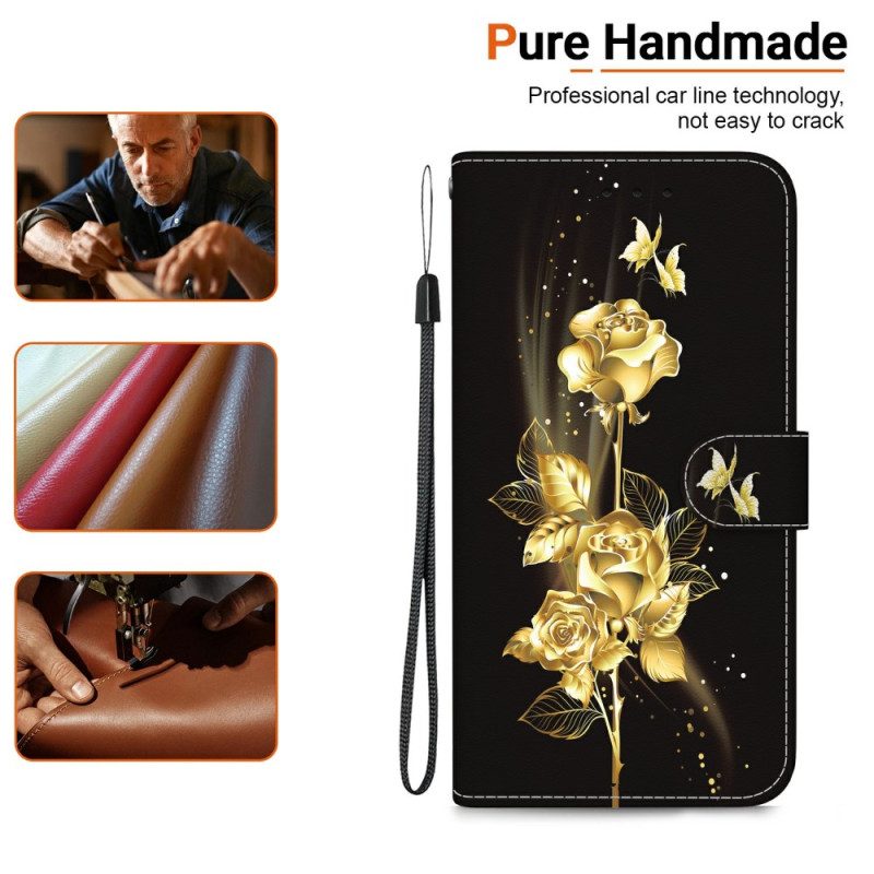 Lederhüllen Xiaomi Redmi Note 15 5g Handyhülle Goldene Schmetterlinge Und Rosa
