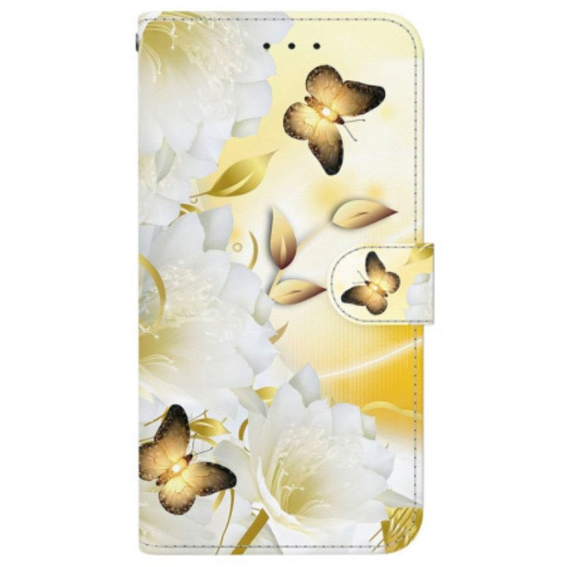 Lederhüllen Xiaomi Redmi Note 15 5g Handyhülle Goldene Schmetterlinge Und Weiße Blumen