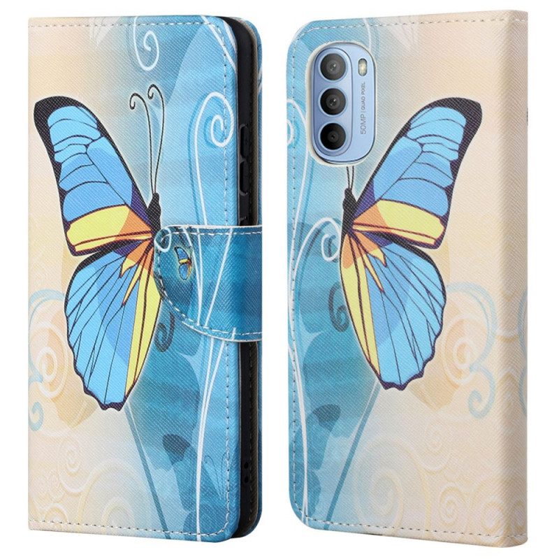Lederhüllen Für Moto G41 / G31 Blauer Und Gelber Schmetterling
