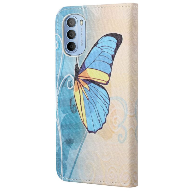 Lederhüllen Für Moto G41 / G31 Blauer Und Gelber Schmetterling