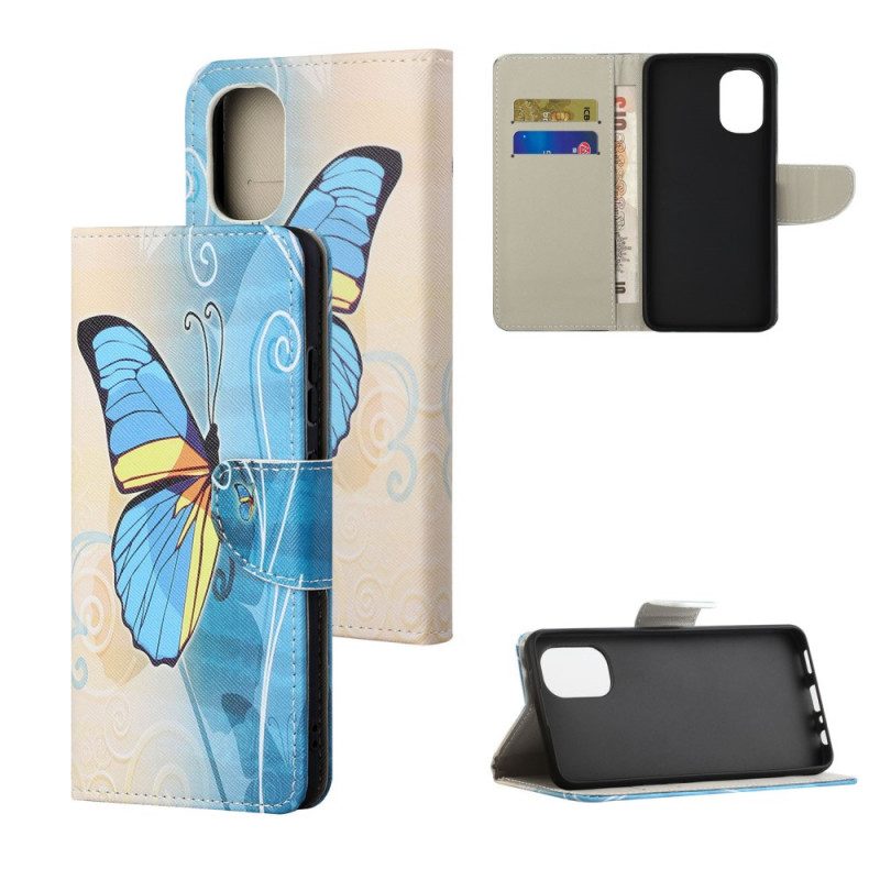 Lederhüllen Für Moto G41 / G31 Blauer Und Gelber Schmetterling